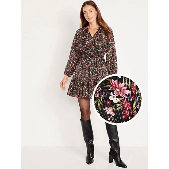 Old Navy Black Floral Gold Stripe Waist-Defined Shine Mini Dress Small Tall NWT - Picture 9 of 10